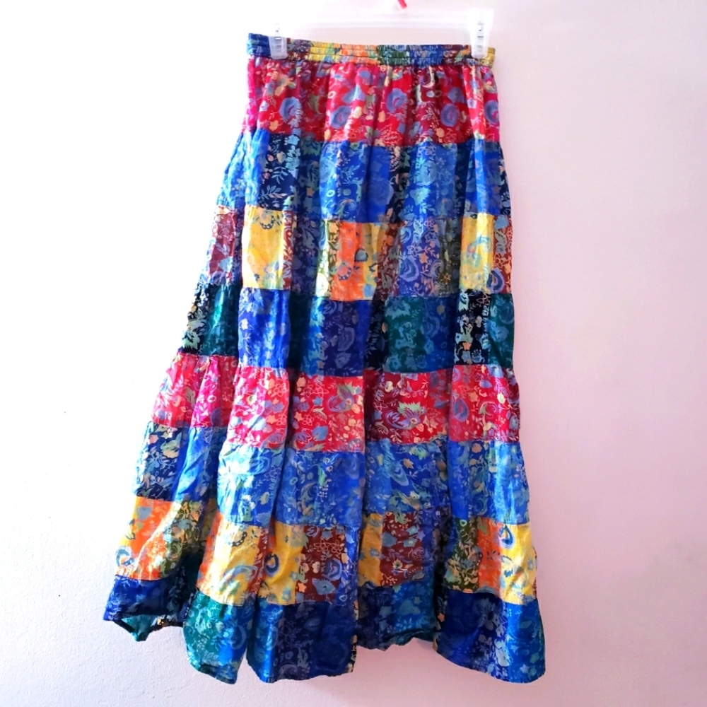 La Cera patchwork floral boho tiered drawstring midi cotton skirt, size Small